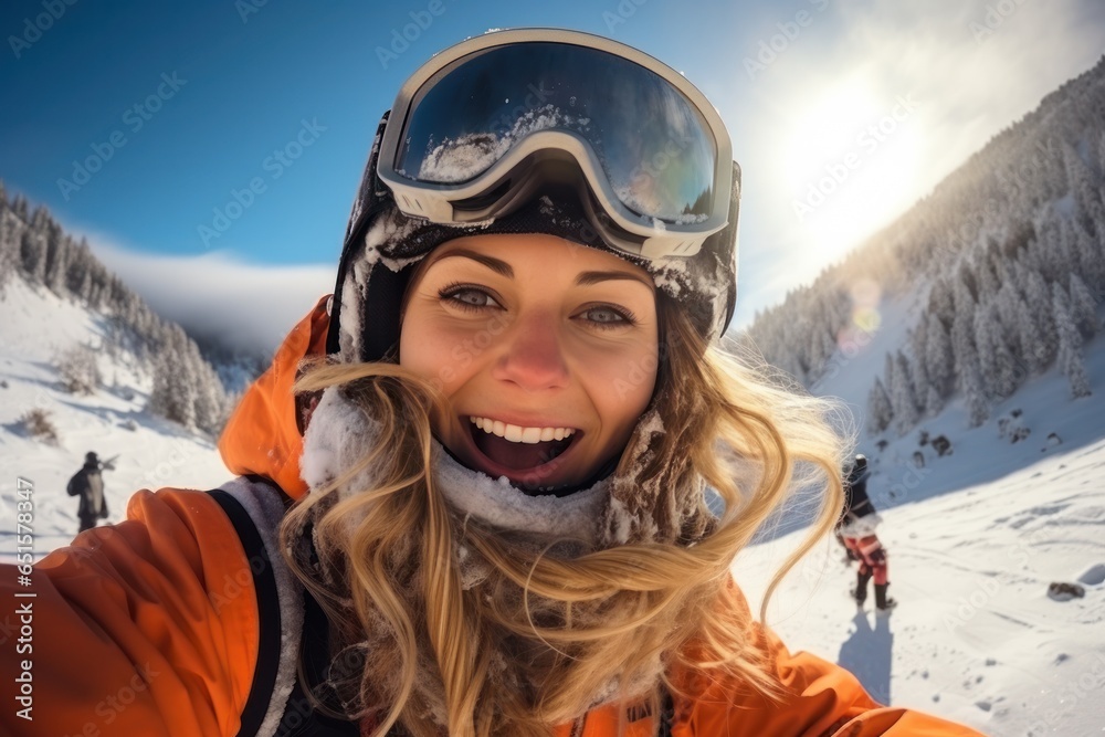 In snowy weather winter skiing season snowboarders happy for selfies winter