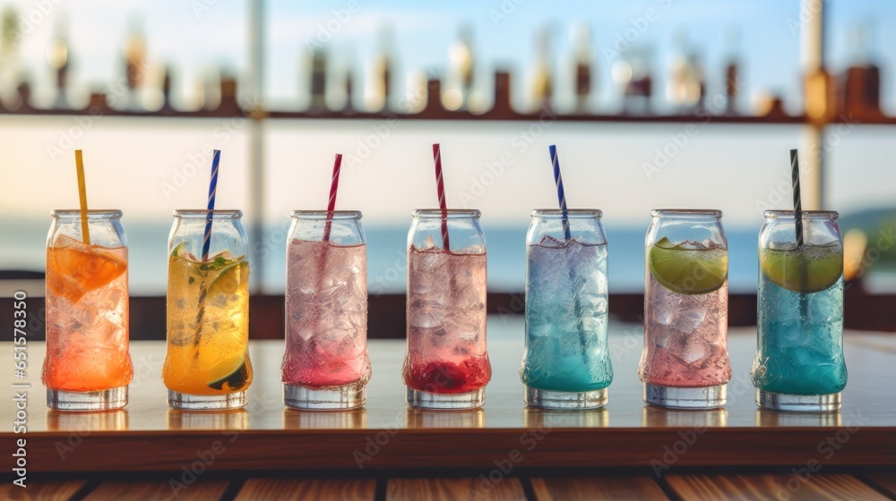 Glasses bottles with different colors of transparent cocktails