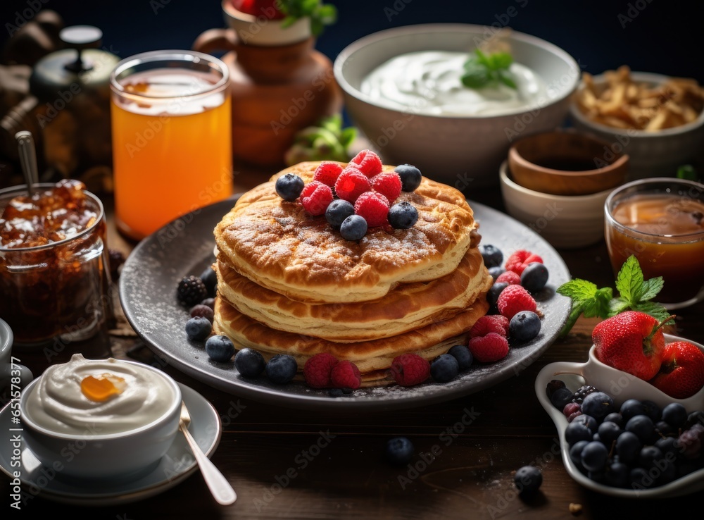 Breakfast plate with fruits and food