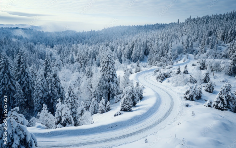 Aerial view of a forest by snow covered road