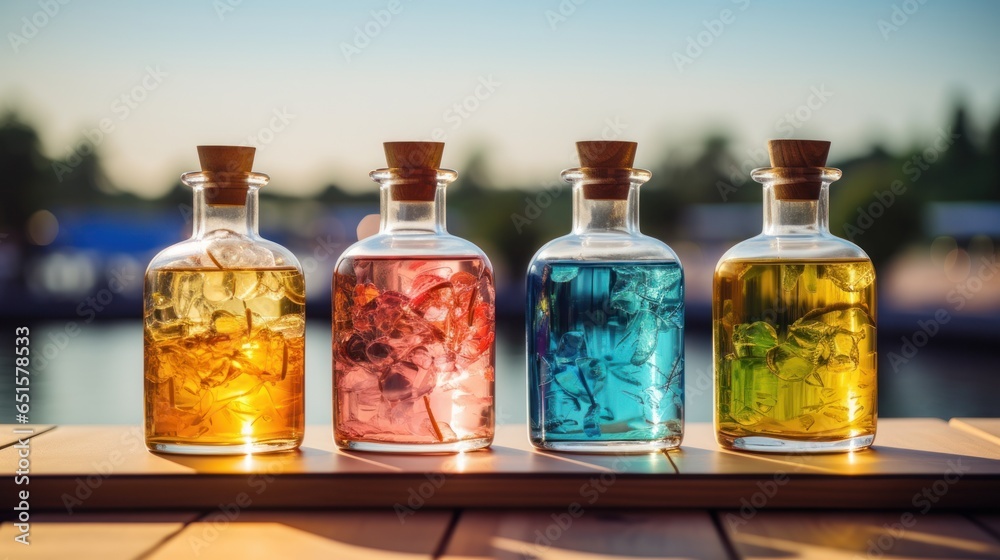 Glasses bottles with different colors of transparent cocktails