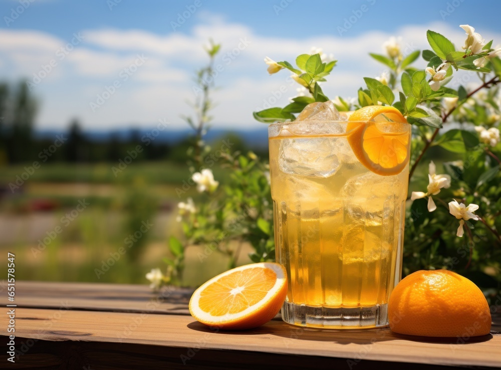 A refreshing drink out of the bottle on a wooden railing