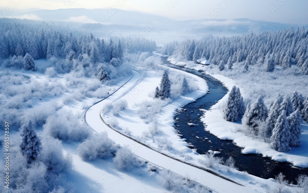 Aerial view of a forest by snow covered road