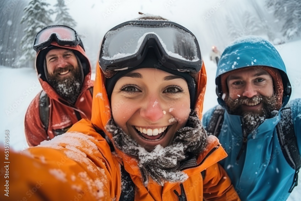 In snowy weather winter skiing season snowboarders happy for selfies winter