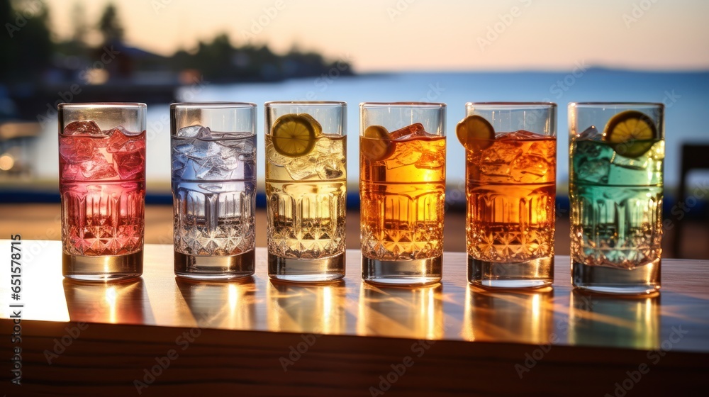 Glasses bottles with different colors of transparent cocktails