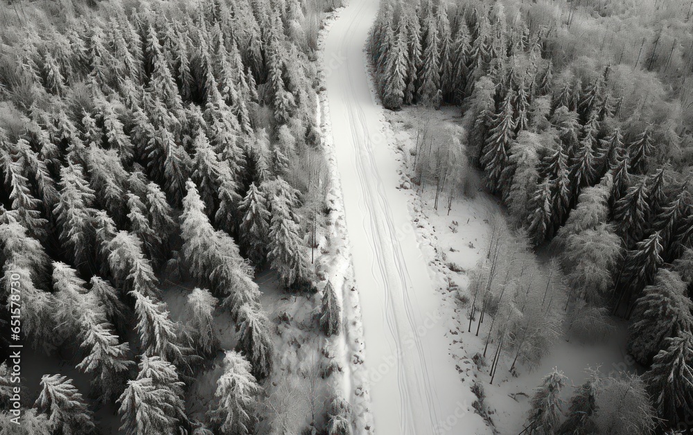 Aerial view of a forest by snow covered road