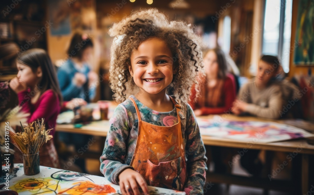 Children painting in art class