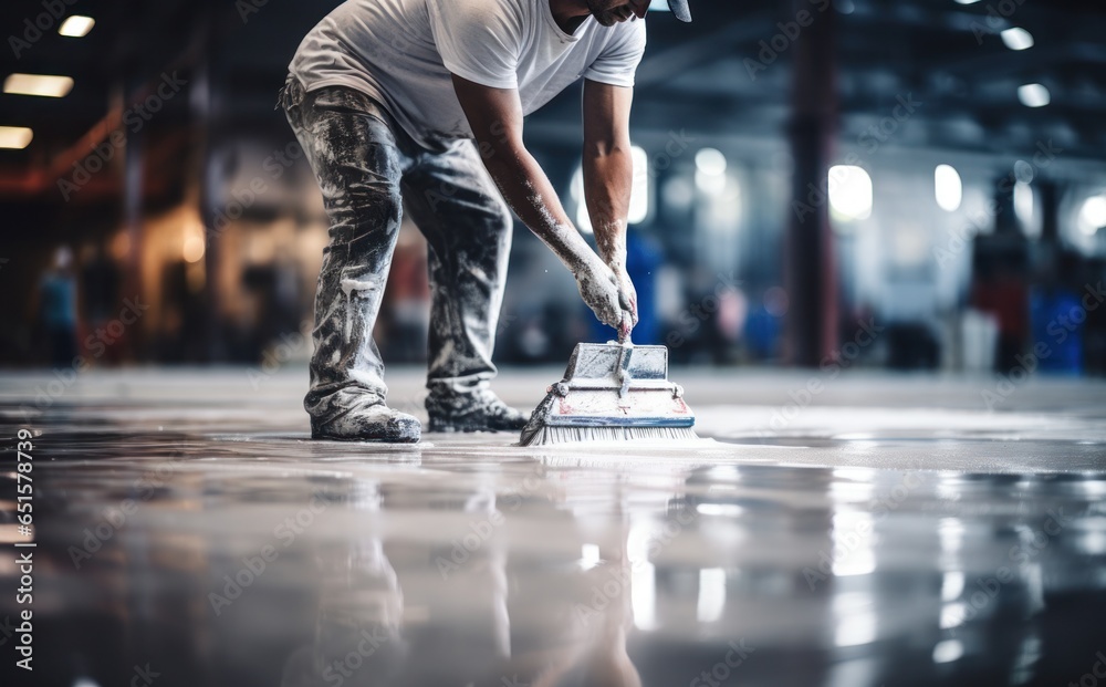 A man is laying cement on a floor