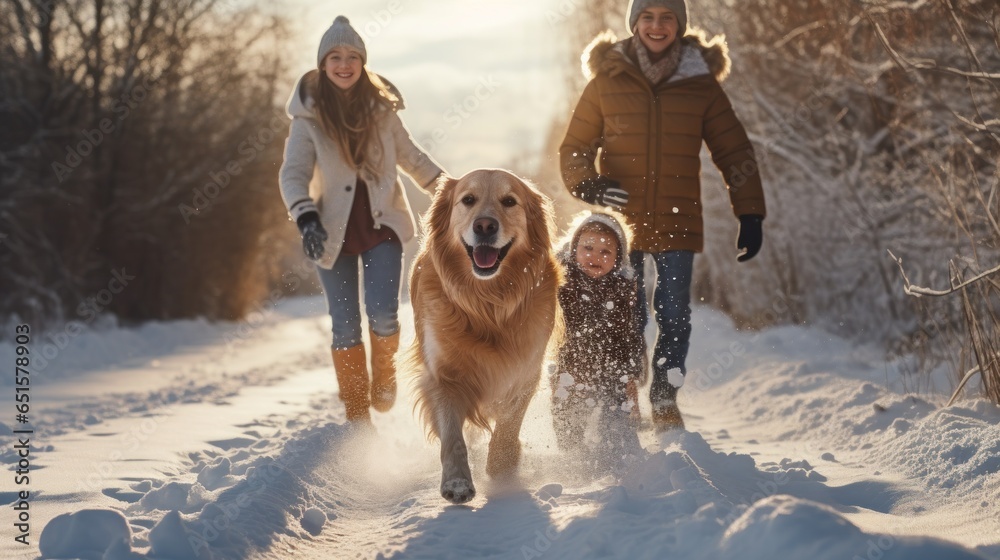 Happy family with dog in winter park