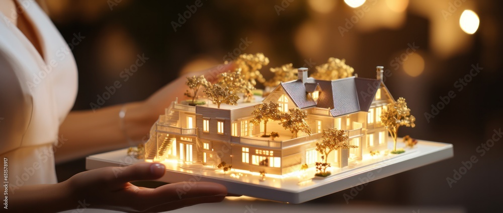 A young woman with a house model on her desktop