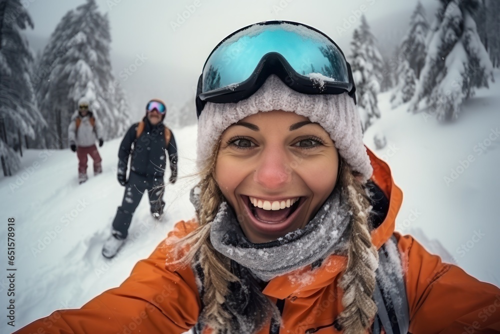 In snowy weather winter skiing season snowboarders happy for selfies winter