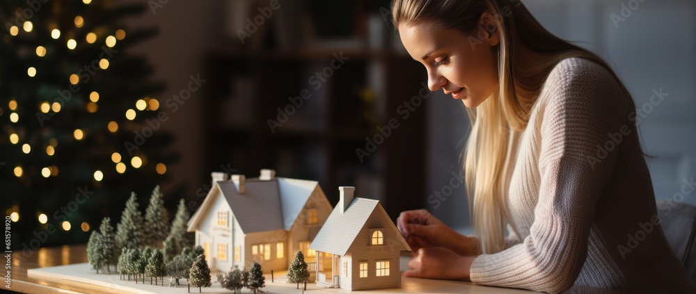 A young woman with a house model on her desktop