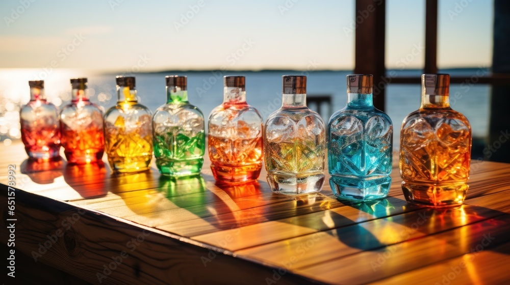 Glasses bottles with different colors of transparent cocktails