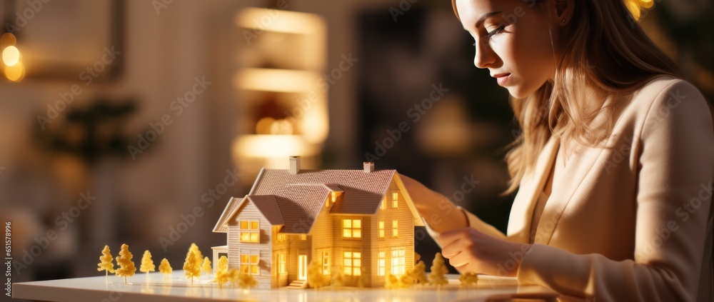 A young woman with a house model on her desktop