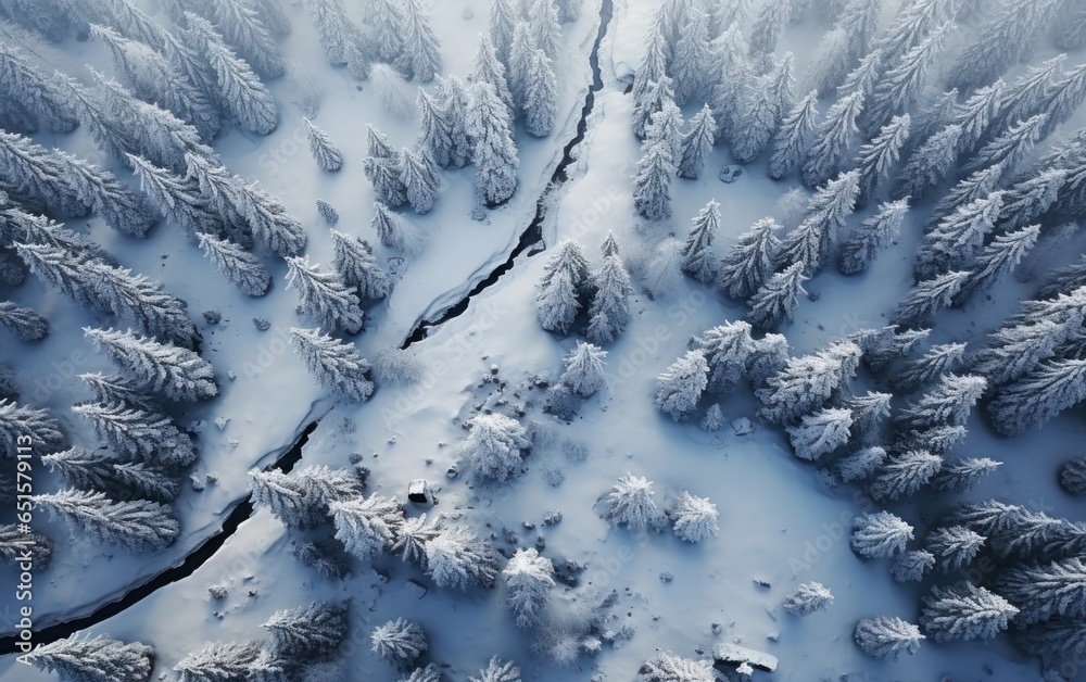 Aerial view of a forest by snow covered road