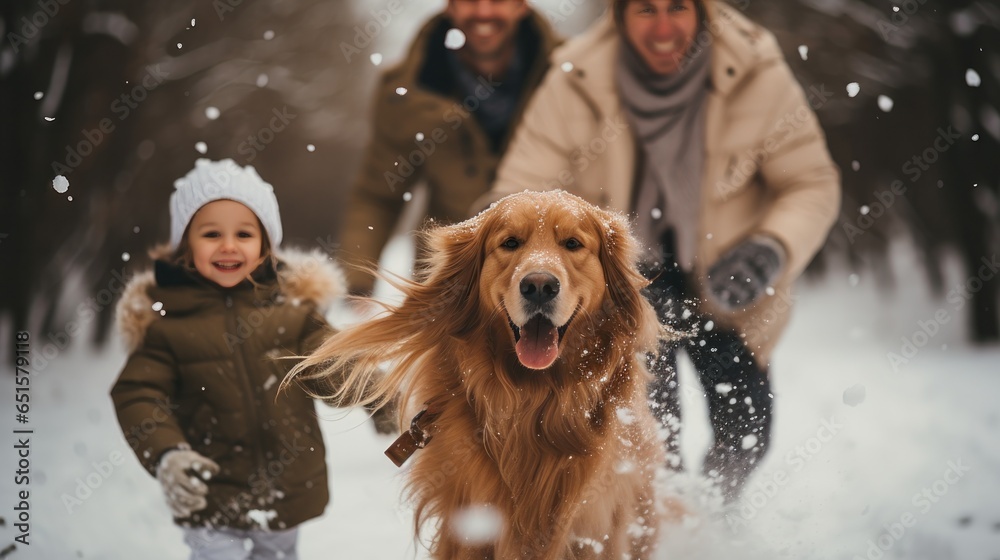 Happy family with dog in winter park