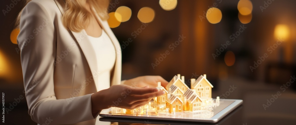 A young woman with a house model on her desktop