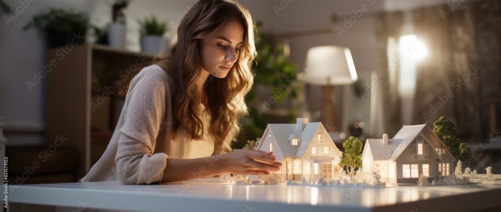 A young woman with a house model on her desktop