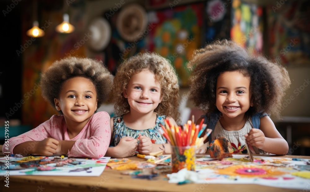 Children painting in art class