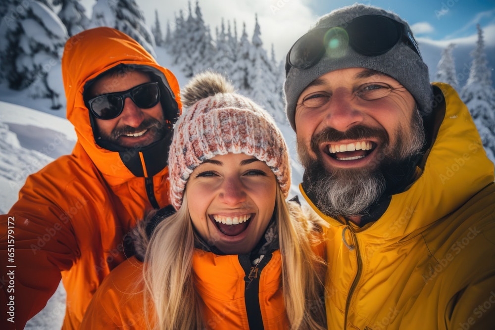 Friend and family snow holiday selfie in winter