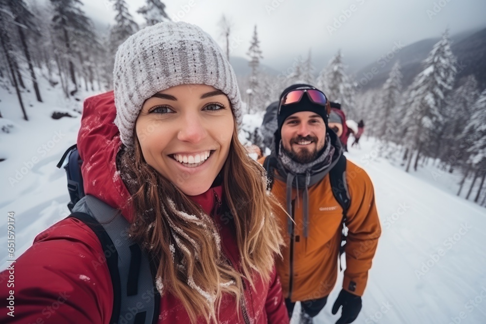 In snowy weather winter skiing season snowboarders happy for selfies winter