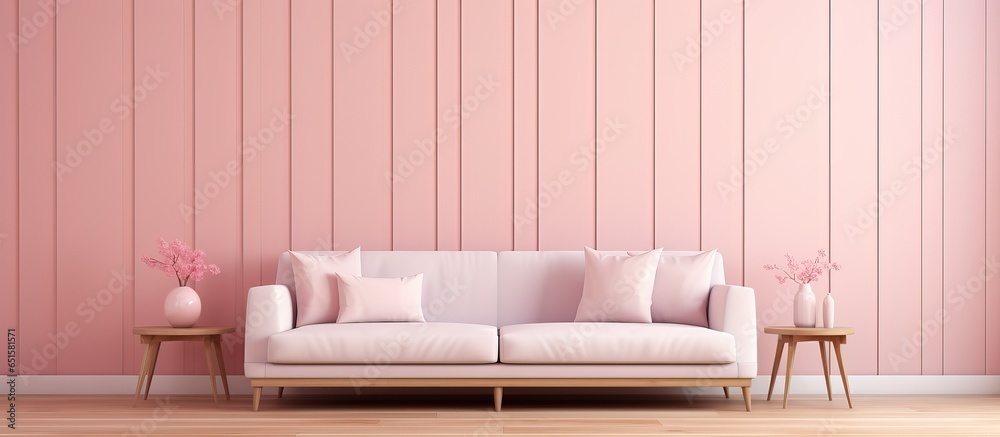 Minimalist interior with a white fabric sofa in front of a wooden pastel wall and white floor giving a light and shadow effect in a ing