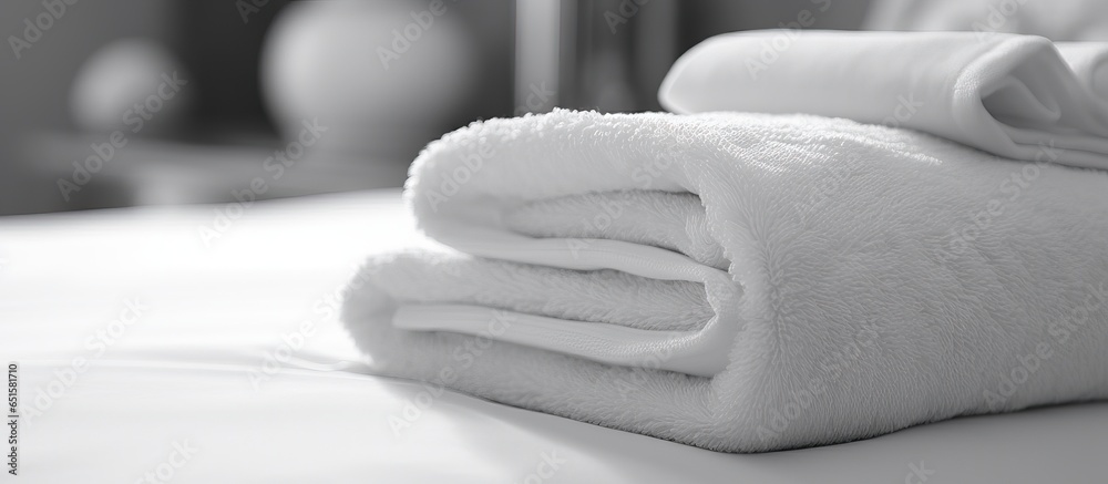 Black and white towels arranged on the bed close up