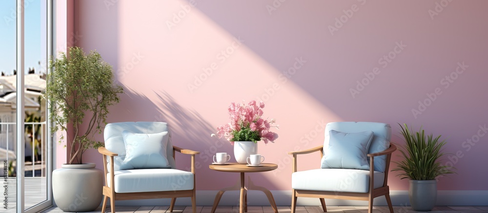 Pastel colored small apartments shown in with a loggia featuring chairs and a coffee table