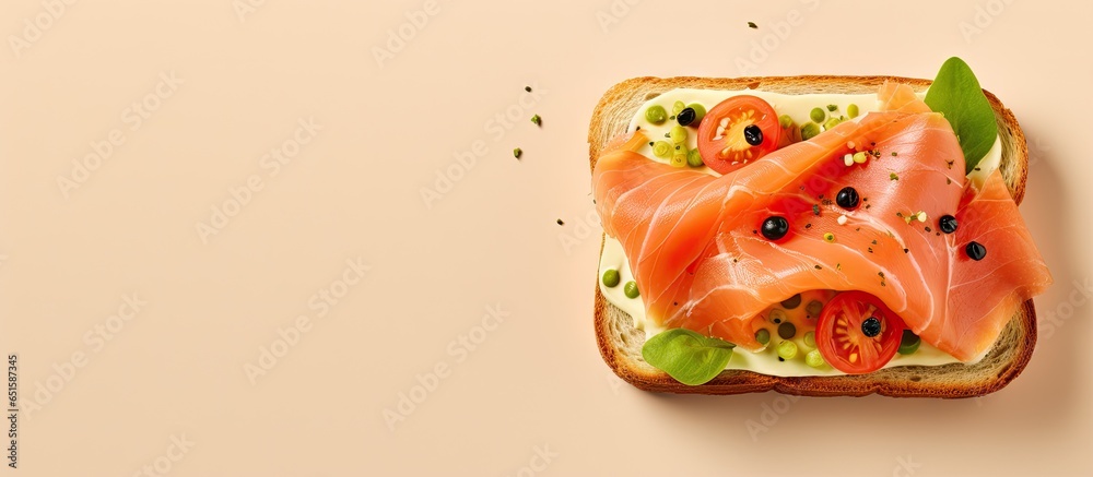 High quality photo of an isolated sandwich with salmon cheese and vegetables on a isolated pastel background Copy space