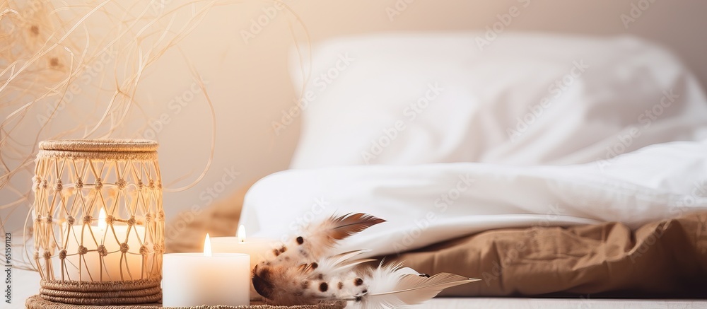 White and brown dream catcher and candles in bedroom with space for text