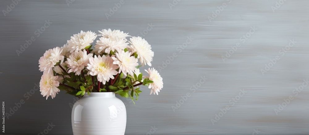 Mockup of a white framed portrait with chrysanthemum flowers in a vase against a grey wall