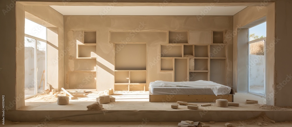 Bedroom under construction in foam block cottage with built in wardrobe niche