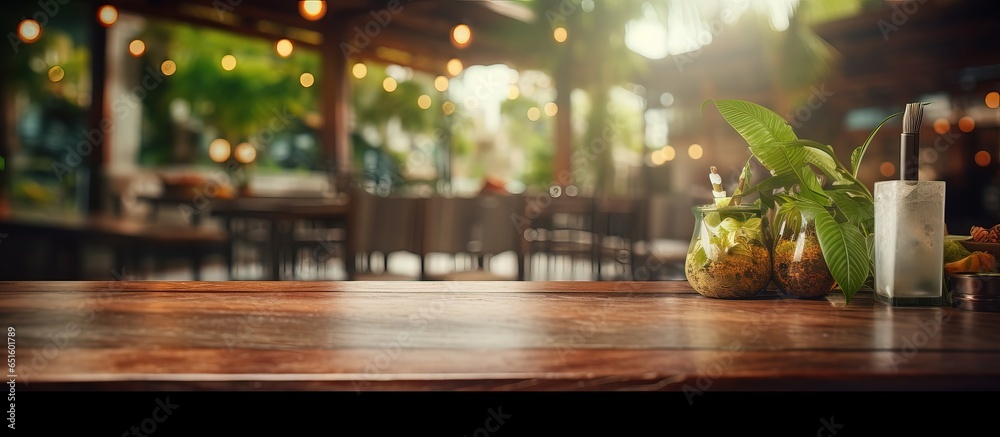 Blurry restaurant background with a table on top