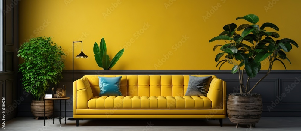 Contemporary interior featuring a yellow couch in the living area