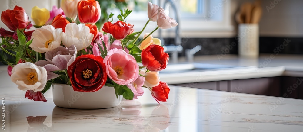 Stylish kitchen with flowers on table and counter in the background