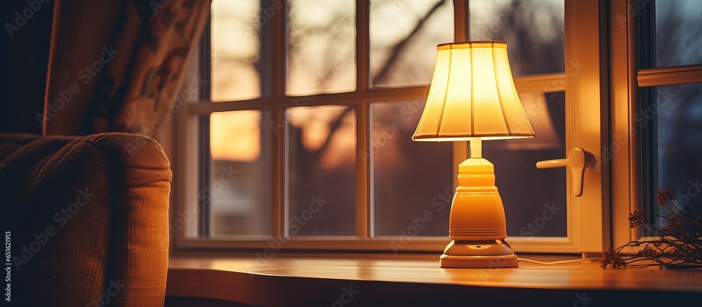 The cozy glow of a lamp illuminating a room beside a window