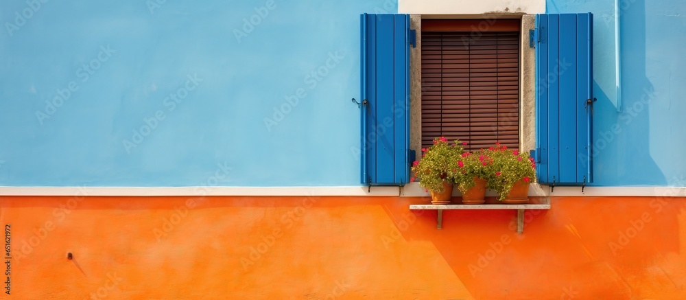 Colorful architecture with orange blue and green elements in Burano island Venice Italy