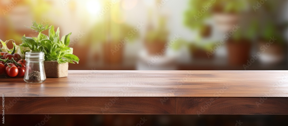 Display or montage your products with a blurred kitchen background and an empty wooden table