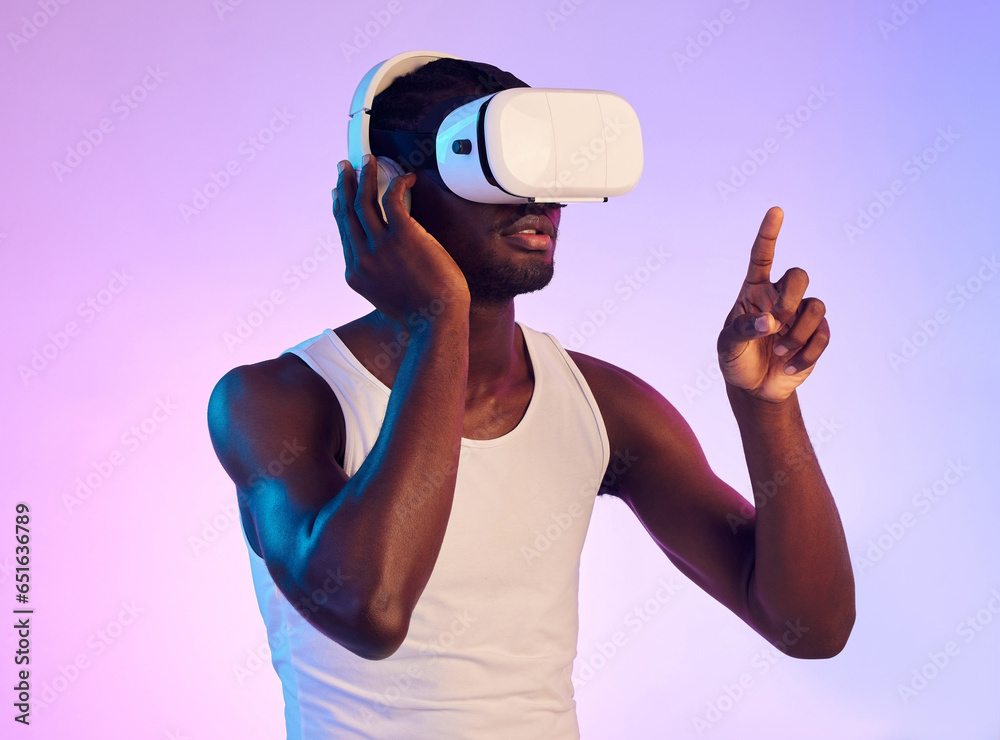 Virtual reality, headphones and black man press on screen, future technology and holographic on purple background. 3D, high tech and VR, metaverse and digital world in studio with cyber and audio