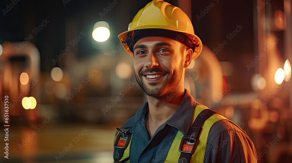 A happy young man petrochemical engineer working at night Inside oil and gas refinery plant factory. Generative Ai.