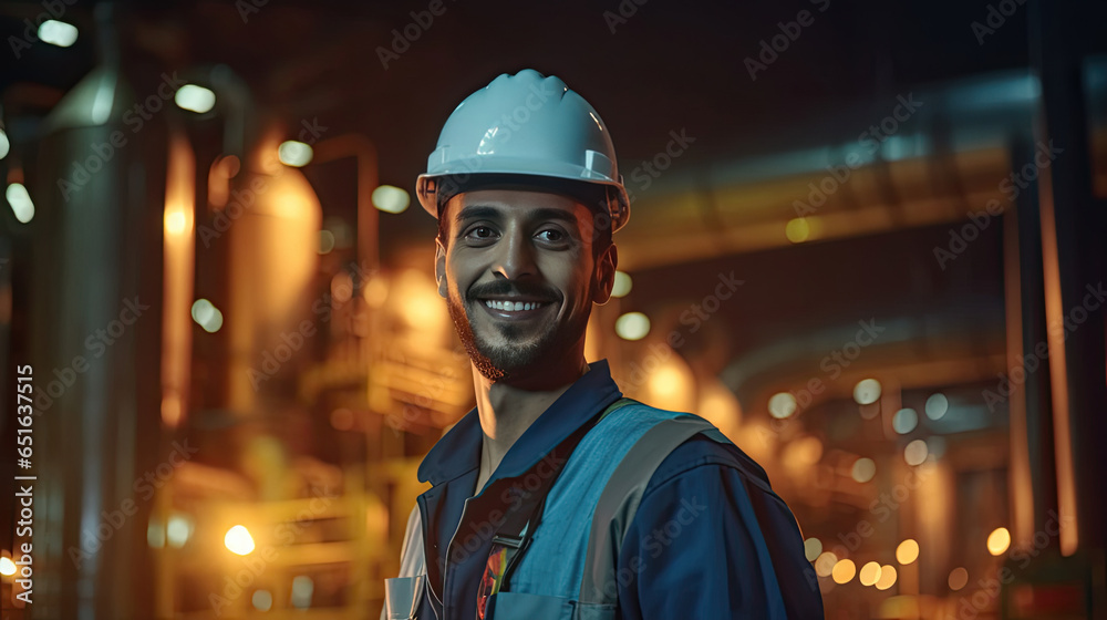 A happy young man petrochemical engineer working at night Inside oil and gas refinery plant factory. Generative Ai.