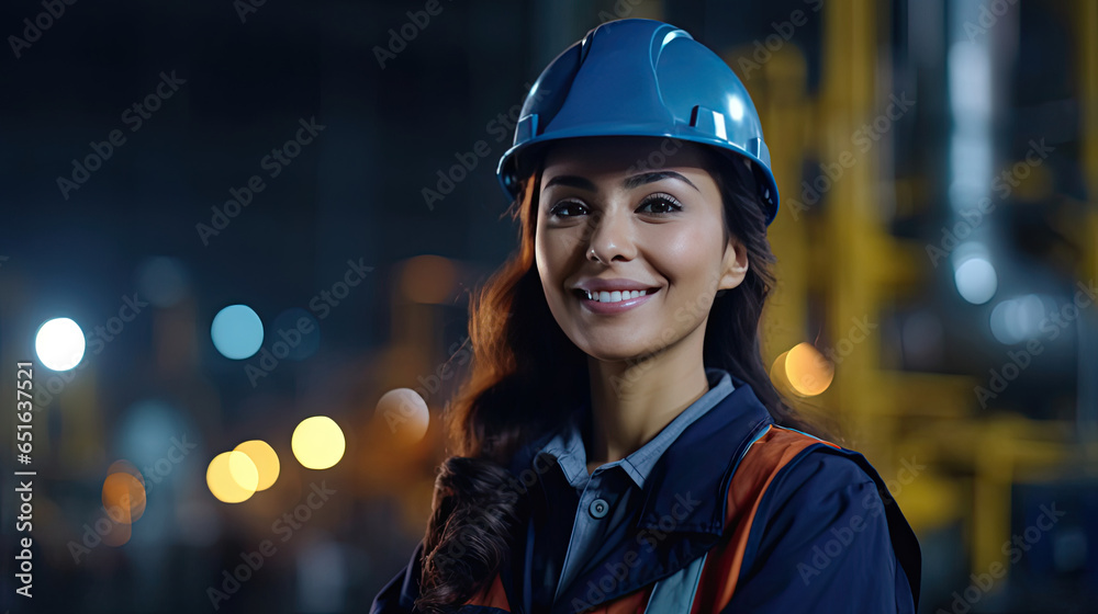 A happy young woman petrochemical engineer working at night Inside oil and gas refinery plant factory. Generative Ai.