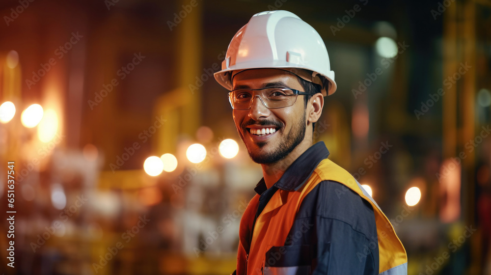 A happy young man petrochemical engineer working at night Inside oil and gas refinery plant factory. Generative Ai.