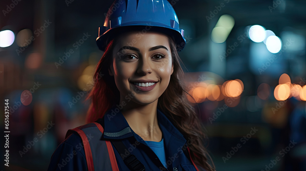 A happy young woman petrochemical engineer working at night Inside oil and gas refinery plant factory. Generative Ai.