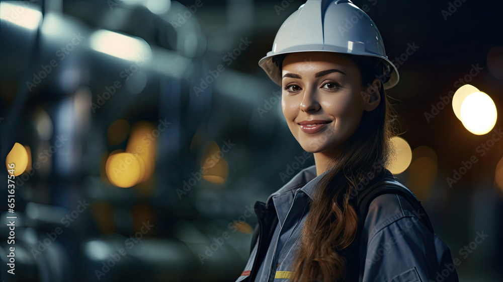 A happy young woman petrochemical engineer working at night Inside oil and gas refinery plant factory. Generative Ai.