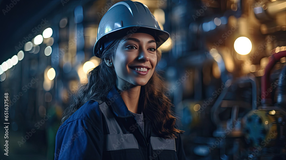 A happy young woman petrochemical engineer working at night Inside oil and gas refinery plant factory. Generative Ai.