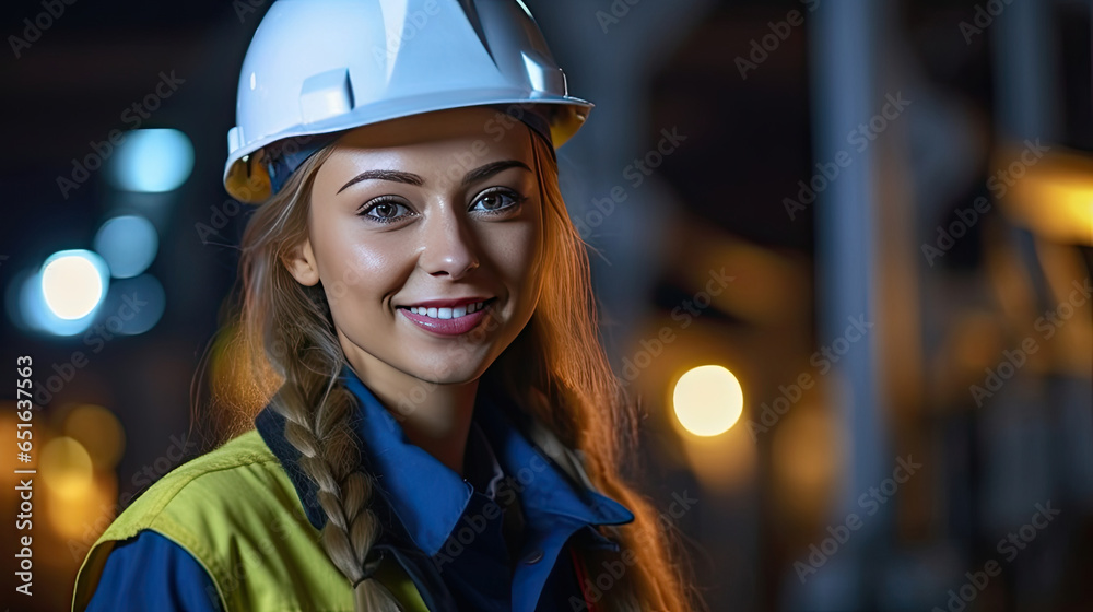 A happy young woman petrochemical engineer working at night Inside oil and gas refinery plant factory. Generative Ai.