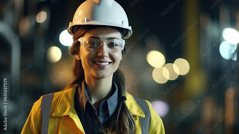 A happy young woman petrochemical engineer working at night Inside oil and gas refinery plant factory. Generative Ai.