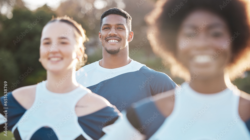 Cheerleader team, happiness and field people ready for sports competition support, dance or outdoor routine. Cheerleading, group smile and dancer performance, teamwork practice or fitness contest