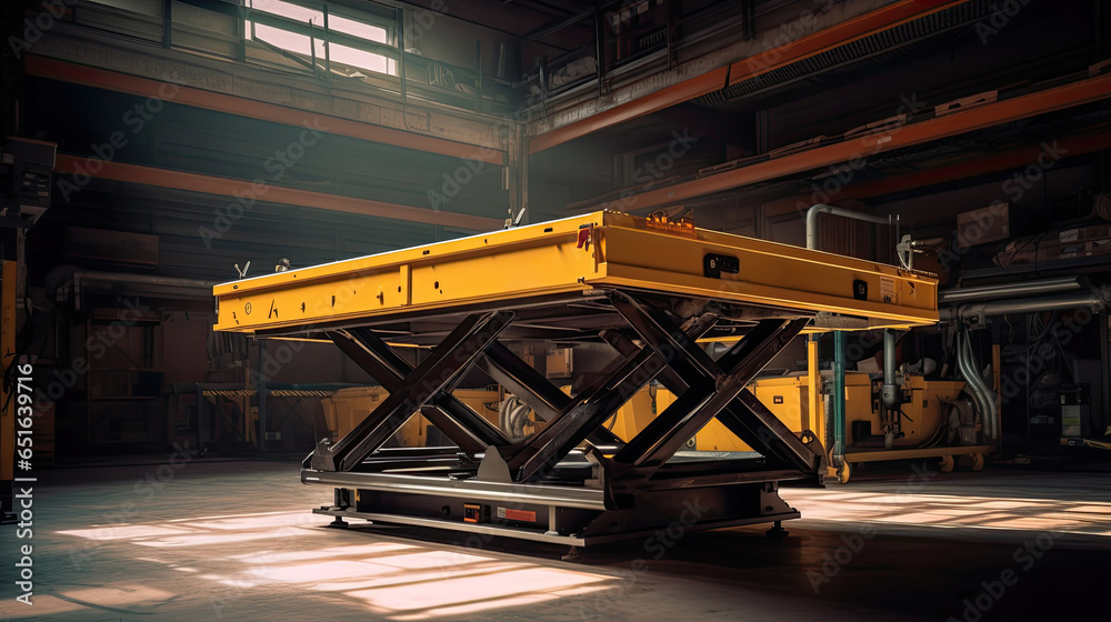 A large sized hydraulic lift table being used in a large warehouse..Generative Ai